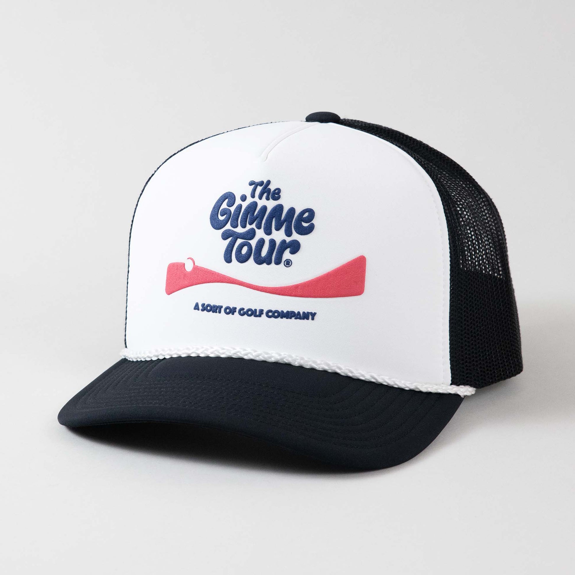 Front view of The Gimme Tour Coke-Flakes snapback trucker hat, showing front details – A Sort of Golf Company.