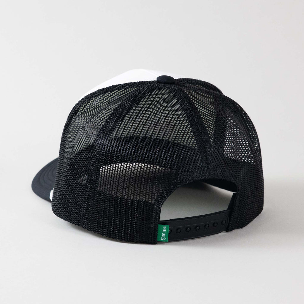 Backside view of The Gimme Tour Coke-Flakes snapback trucker hat, showing back details such as a gimme labeled patch and size adjustment – A Sort of Golf Company.