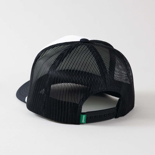 Backside view of The Gimme Tour Coke-Flakes snapback trucker hat, showing back details such as a gimme labeled patch and size adjustment – A Sort of Golf Company.