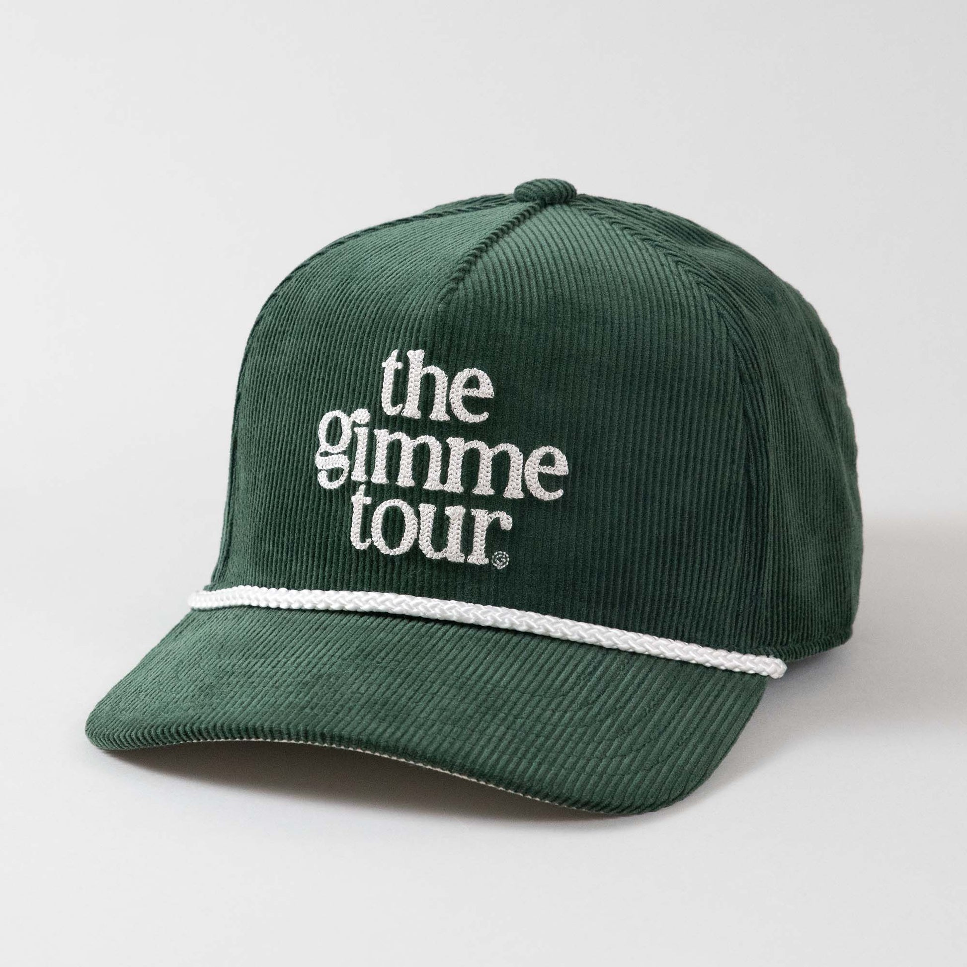Front view of The Gimme Tour Corduroy snapback golf cap, showing details of the chain stitch embroidery and rope color – A Sort of Golf Company.