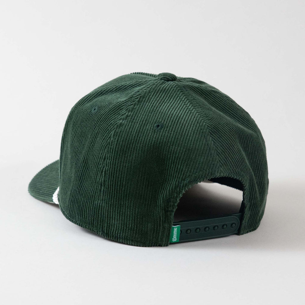 Backside view of The Gimme Tour Corduroy snapback golf cap, showing back details such as a gimme labeled patch and size adjustment – A Sort of Golf Company.