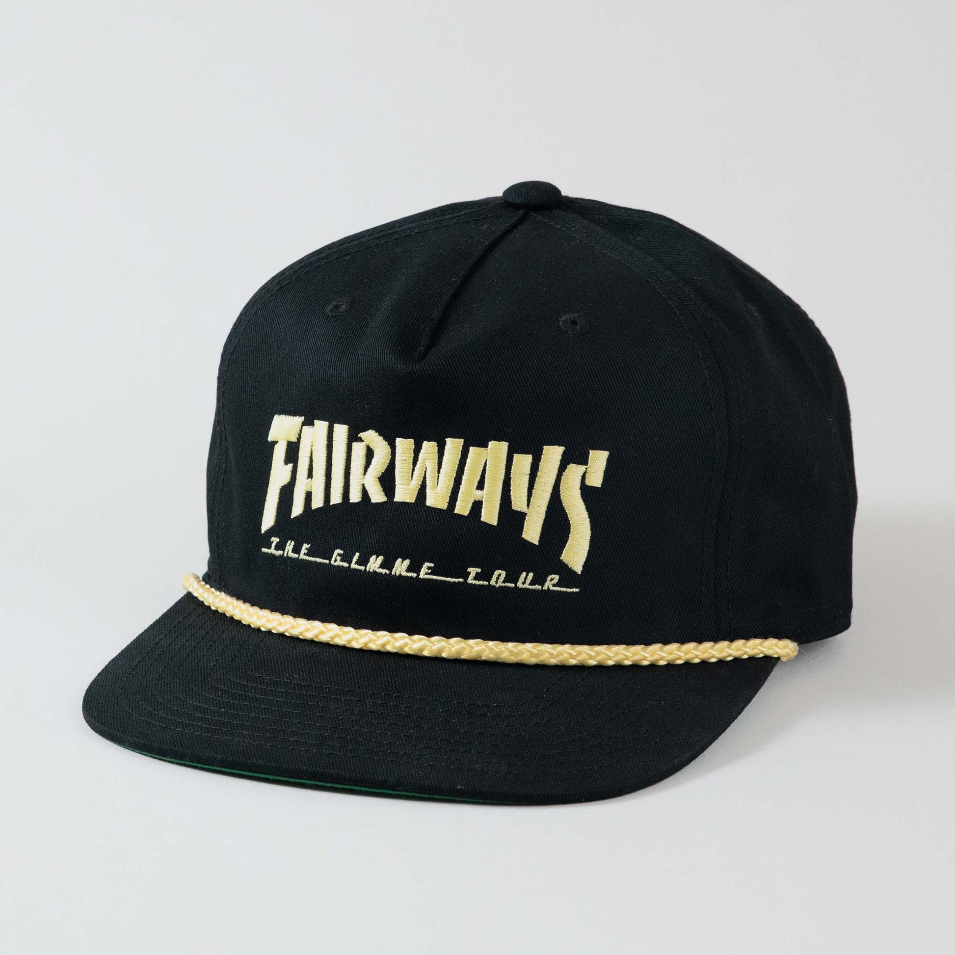 Front view of The Gimme Tour Fairways Deadstock adjustable golf cap, showing details of the Fairways embroidery and rope color – A Sort of Golf Company.