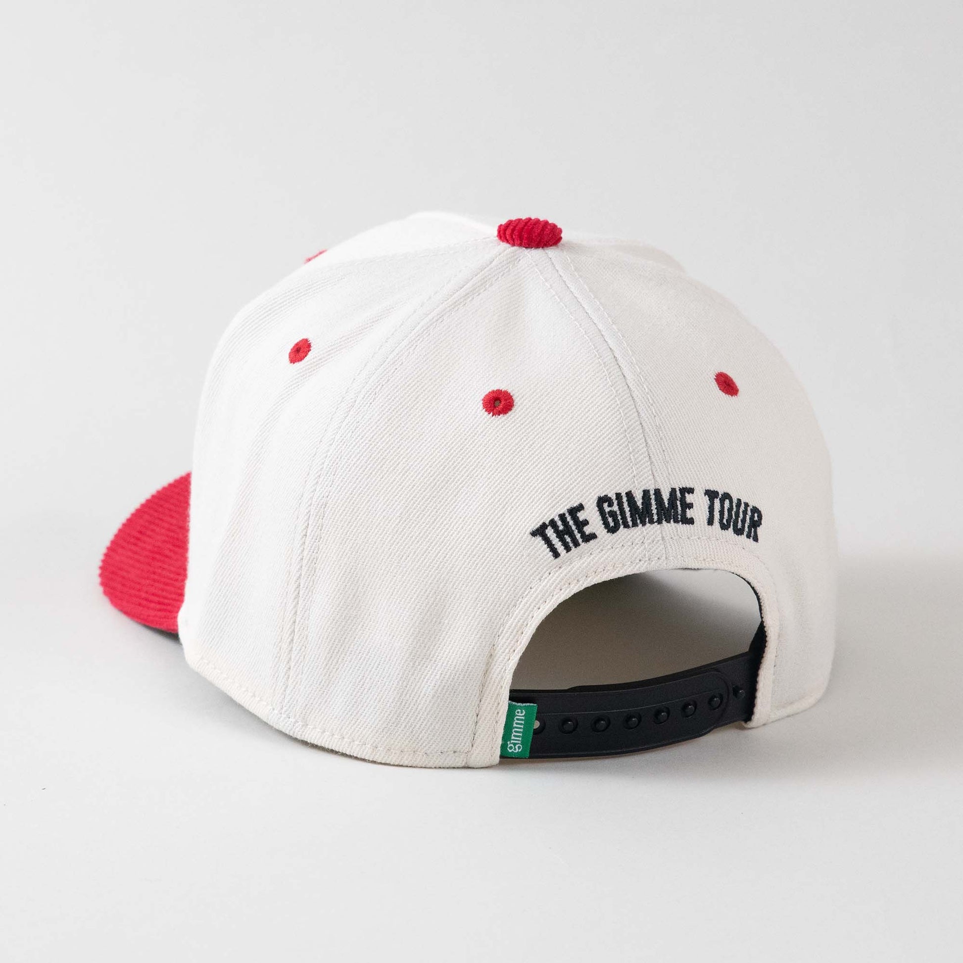 Backside view of The Gimme Tour Play Blades adjustable cap, showing back details such as a gimme labeled patch, The Gimme Tour embroidery and size adjustment – A Sort of Golf Company.