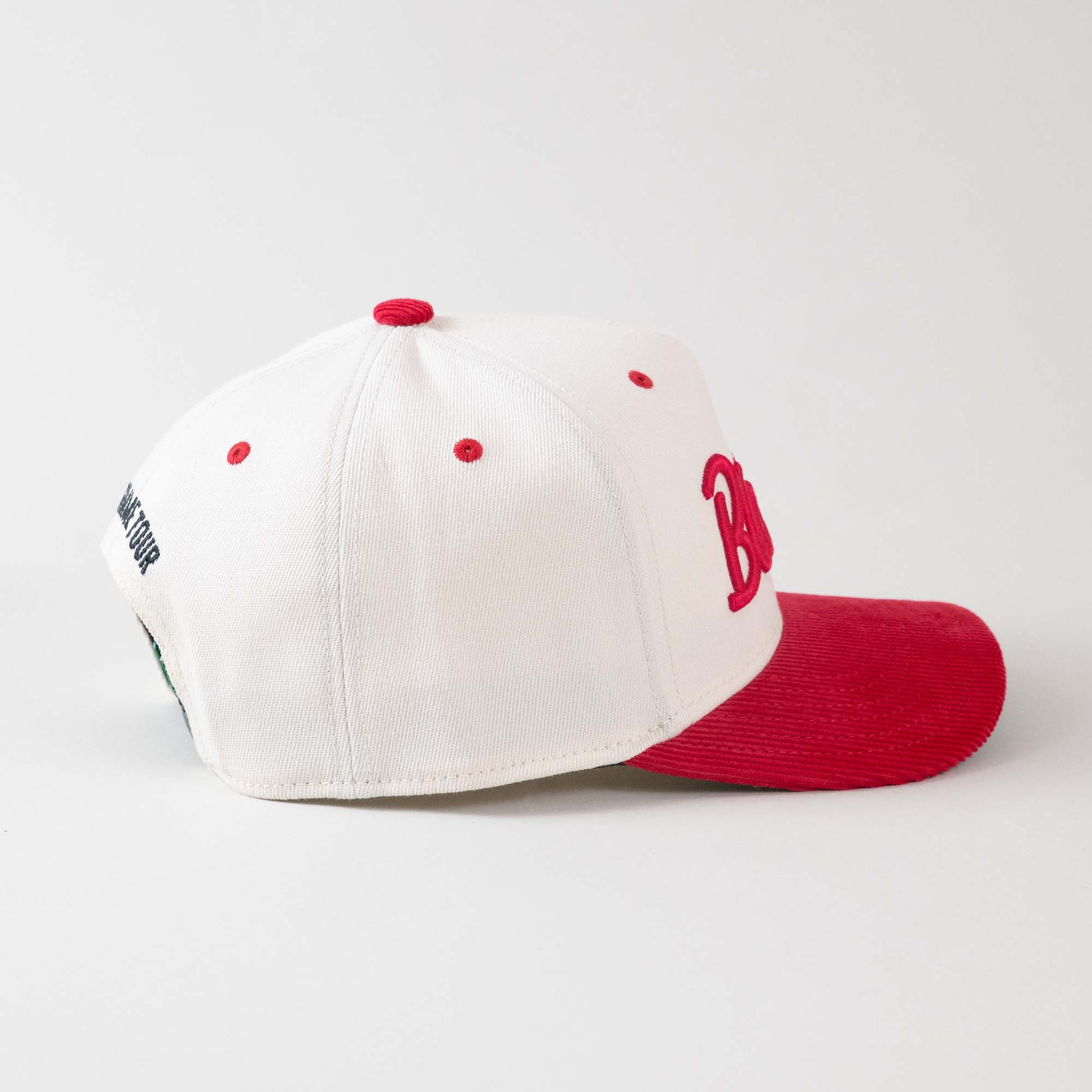 Side view of The Gimme Tour Play Blades snapback cap, showing side details – A Sort of Golf Company.